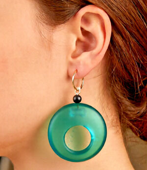 Handmade fused glass dangle earrings Teal glass iridescent dichroic center
